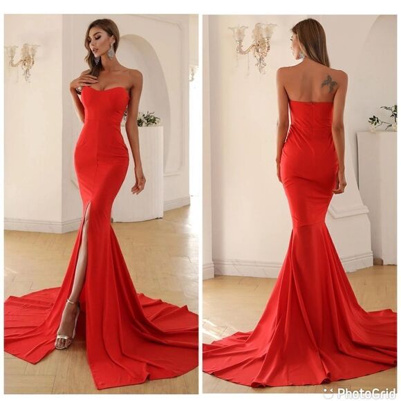Miss ord Strapless Asymmetric Slit Front Sweetheart Wedding  Red Dress - Picture 1 of 16
